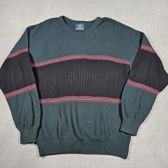 Vtg Jantzen Sweater Mens Large Green Black Colorblock Pullover Holiday USA - Picture 1 of 15